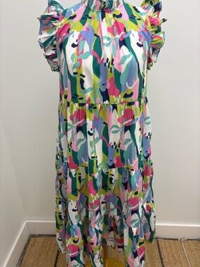 THML Multicolor Abstract Tiered Ruffle Dress - Pink Green Blue